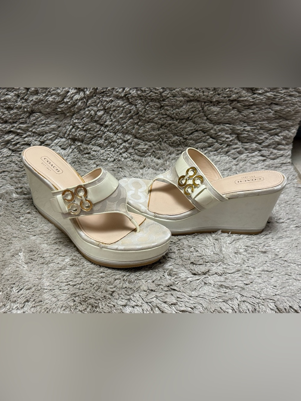 Coach Gypsy Vintage Women’s Logo Wedge Sandals in Cream with Gold Accent - Picture 12 of 13